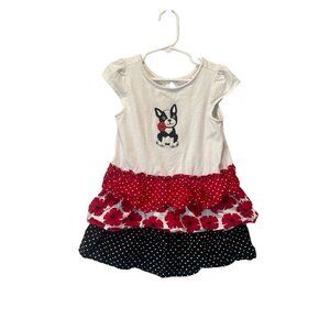 Gymboree Girls 4T Dress Red Black Boston Terrier Dog Ruffles Floral Cap Sleeve